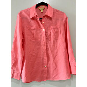Womens Coral Pink Linen Button Up Long Sleeve Pockets Preppy, classic size-14p